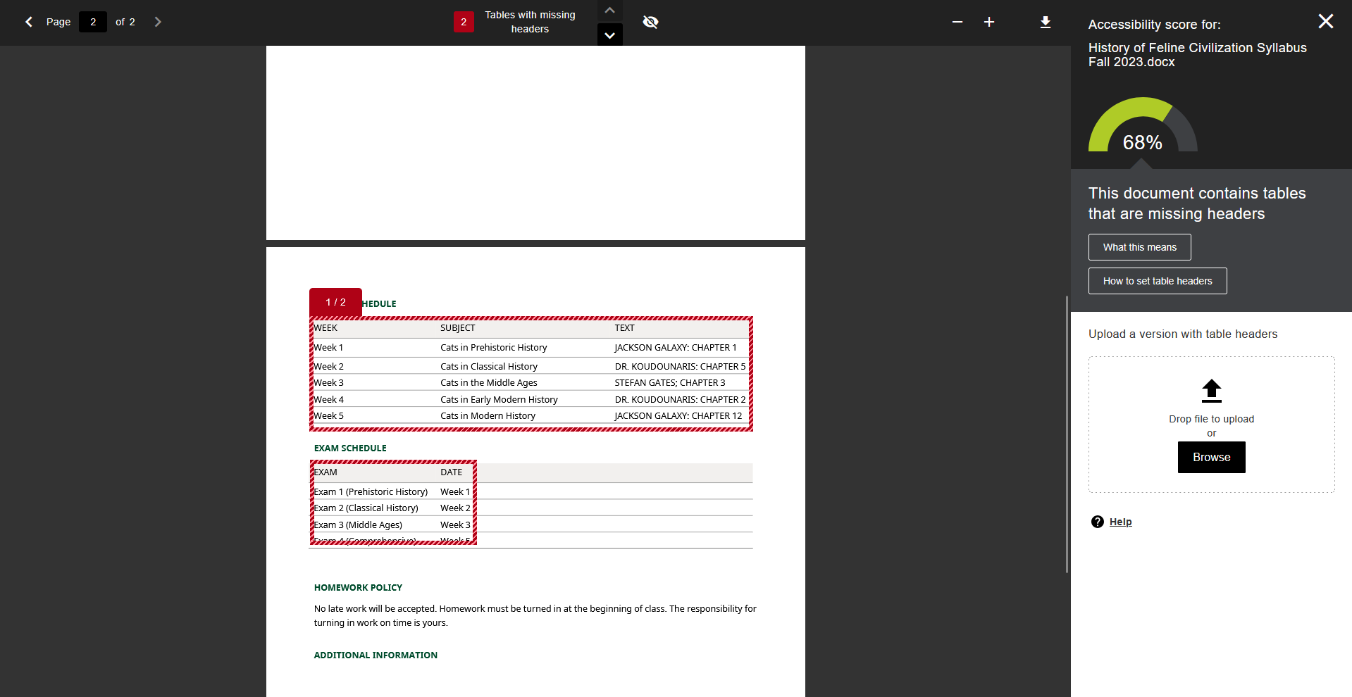 A screenshot of a PDF viewer showing page 2 of a document. The accessibility panel on the right displays a score of 68% and a message stating the document contains tables that are missing headers. Two tables in the document preview are outlined in red to indicate missing table headers.